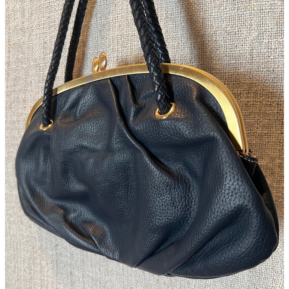 Maxx New York Navy Pebbled Leather Kiss Lock Frame Shoulder Bag Vintage Style